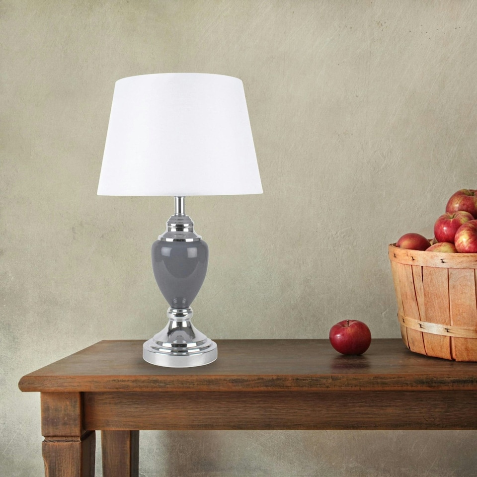 image 1 of First Choice Lighting Set of 2 Chrome and Grey Urn Table Lamps with White Shades Chrome | White