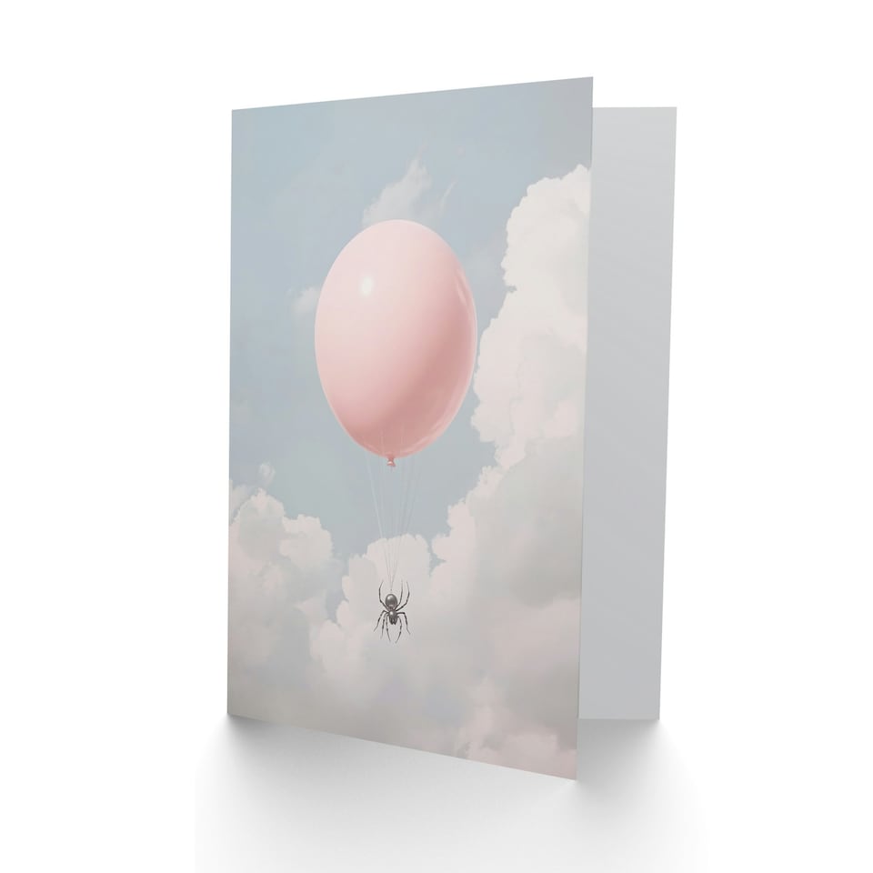 image 1 of Spider Travel Floating in Sky with a Pink Balloon Farewell Greeting Card