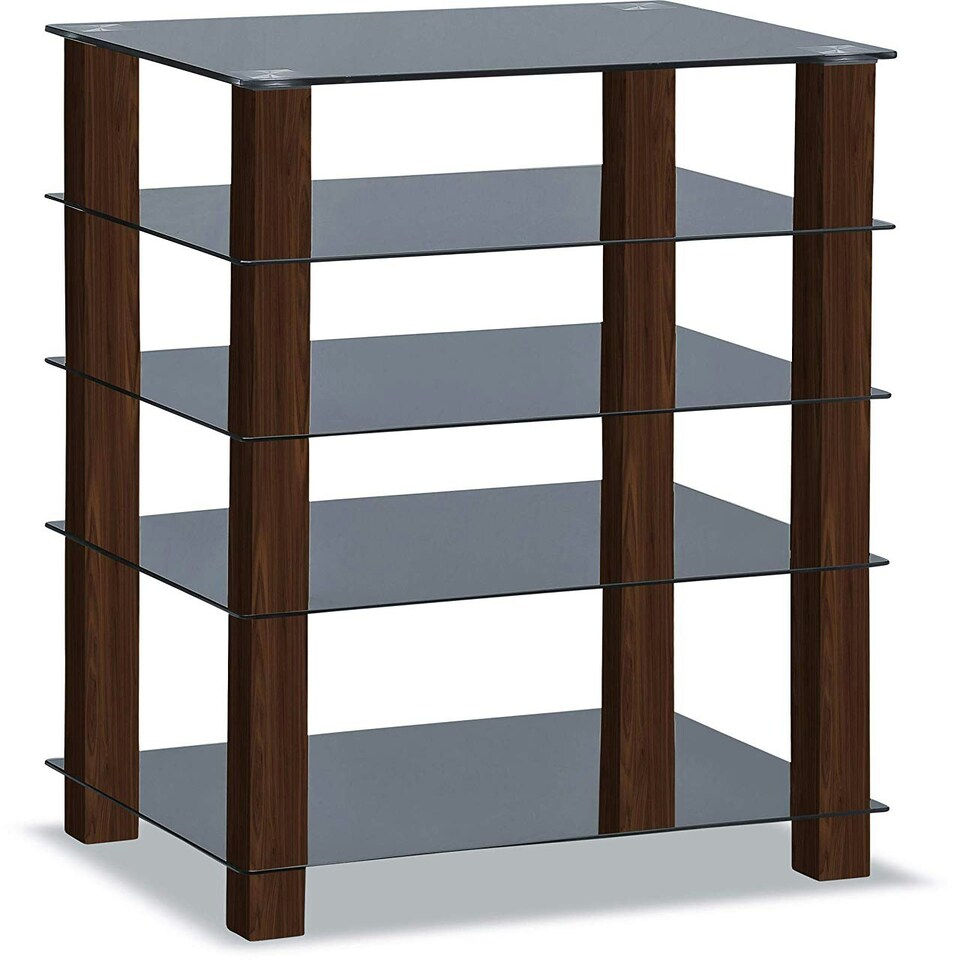 image 1 of Centurion Supports TRINITY Gloss Black 5 Shelf with Walnut Legs Flat Screen TV Rack Glass Stand | Multi | 1