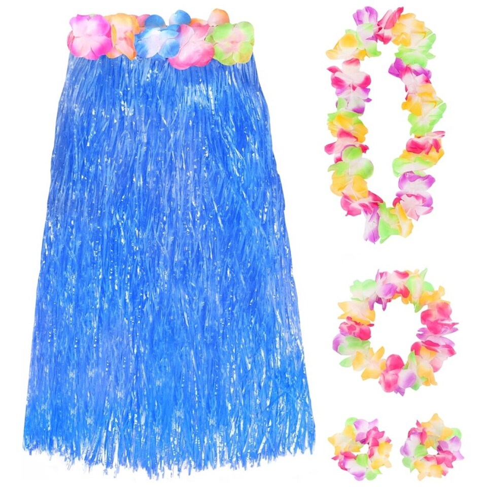 image 1 of 80cm Hawaiian Long Blue Hula Skirt & Lei | Blue | 3