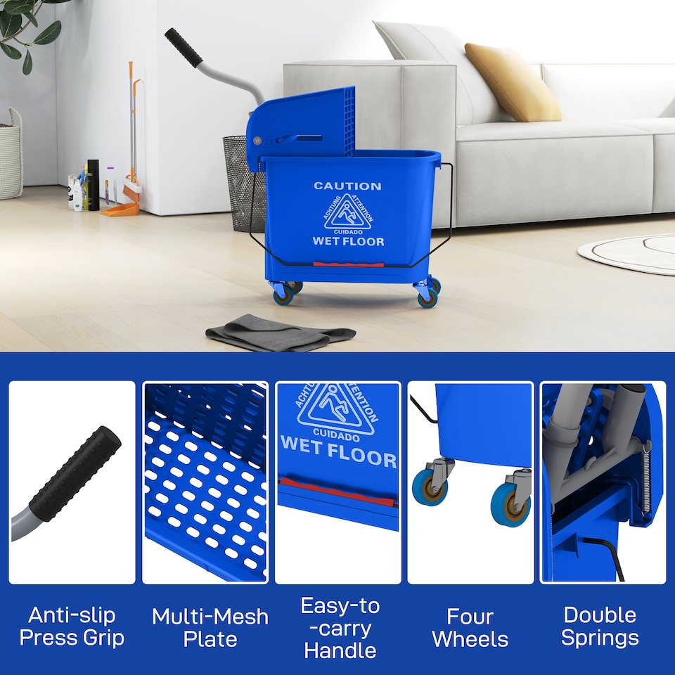 image 1 of HOMCOM 20L Compact Mop Bucket with Wringer and Handle, Mop Bucket on Wheels for Floor Cleaning, Separate Dirty and Clean Water, for Home, Flat, Blue