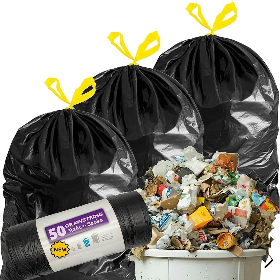 image 1 of 100 x 120L Drawstring Bags (2 Rolls of 50) With Easy Tie Top Handle Black