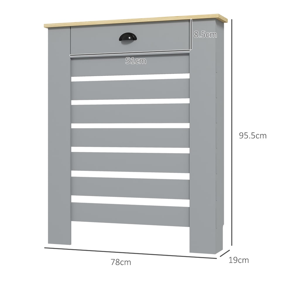 image 1 of HOMCOM Radiator Cover with Drawer, Horizontal Slatted Grill, Grey Painted MDF Wood Cabinet Shelf Heating Cover for Living Room Bedroom Hallway, Small