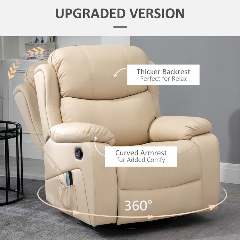 image 1 of HOMCOM PU Leather Massage Recliner Chair with 8 Points and Heat, Manual Reclining Chair with Swivel Base, Footrest and Remote, Rocking Armchair, Beige