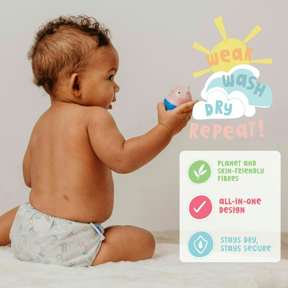 image 1 of Peppa Pig One Size All-In-One Reusable Cloth Nappy - Blush Stripe