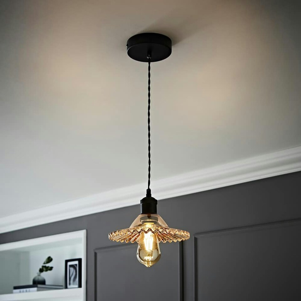 image 1 of ValueLights Lucrezia Black Ceiling Pendant Light with Amber Frilled Glass Shade