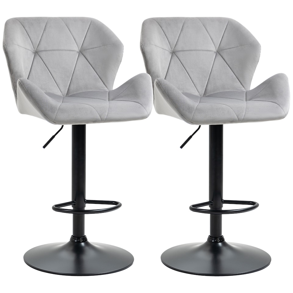 image 1 of HOMCOM Bar Stools Set Of 2, Luxurious Velvet-Touch Barstools with Metal Frame Footrest Round Base Triangle Indenting Moulded Seat Adjustable Height Swivel Grey