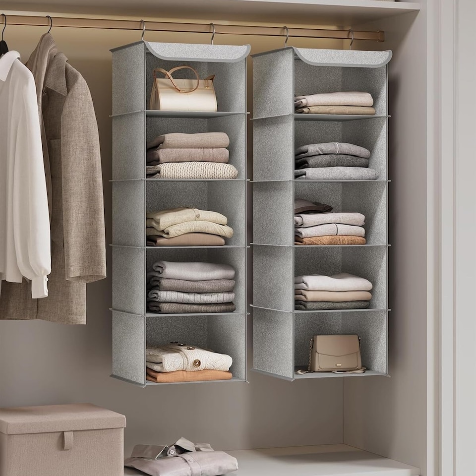 image 1 of Hanging Wardrobe Storage Organiser with Bamboo Detail, Space Saving Closet Shelf, Light Grey