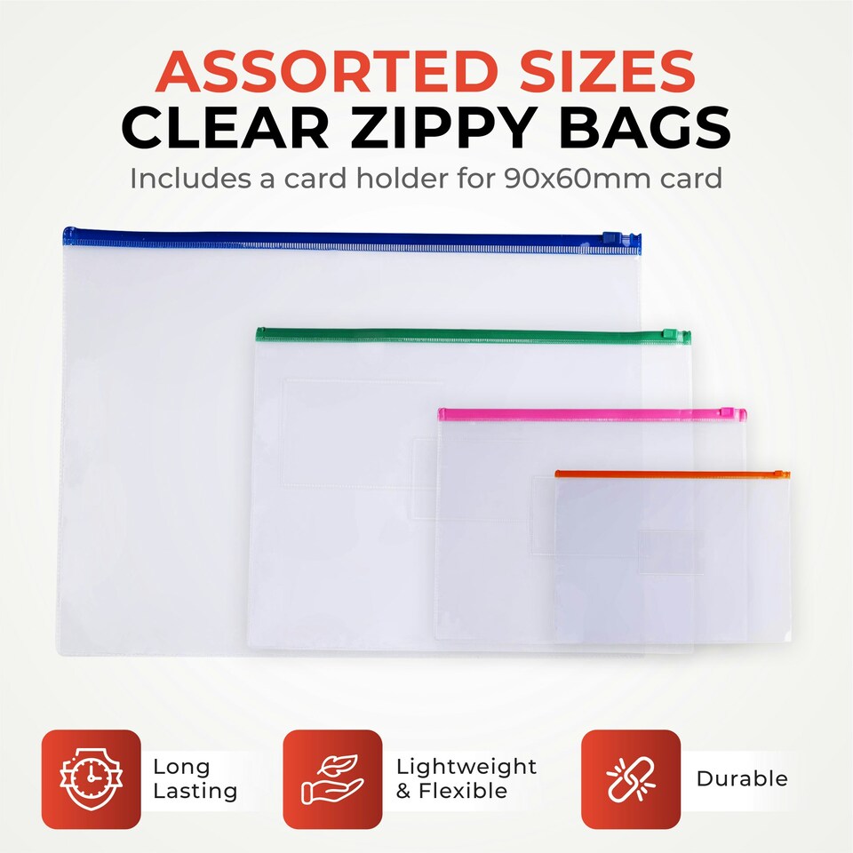 image 1 of Pack of 12 A4+ Foolscap Clear Zippy Bags with Purple Zip