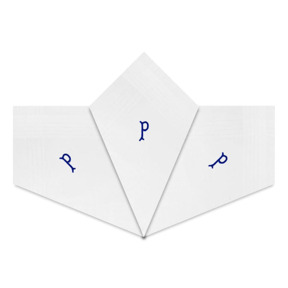 image 1 of Warwick & Vance Men's 3 Pack Plain White Handkerchiefs With Embroidered Initial, Letter P