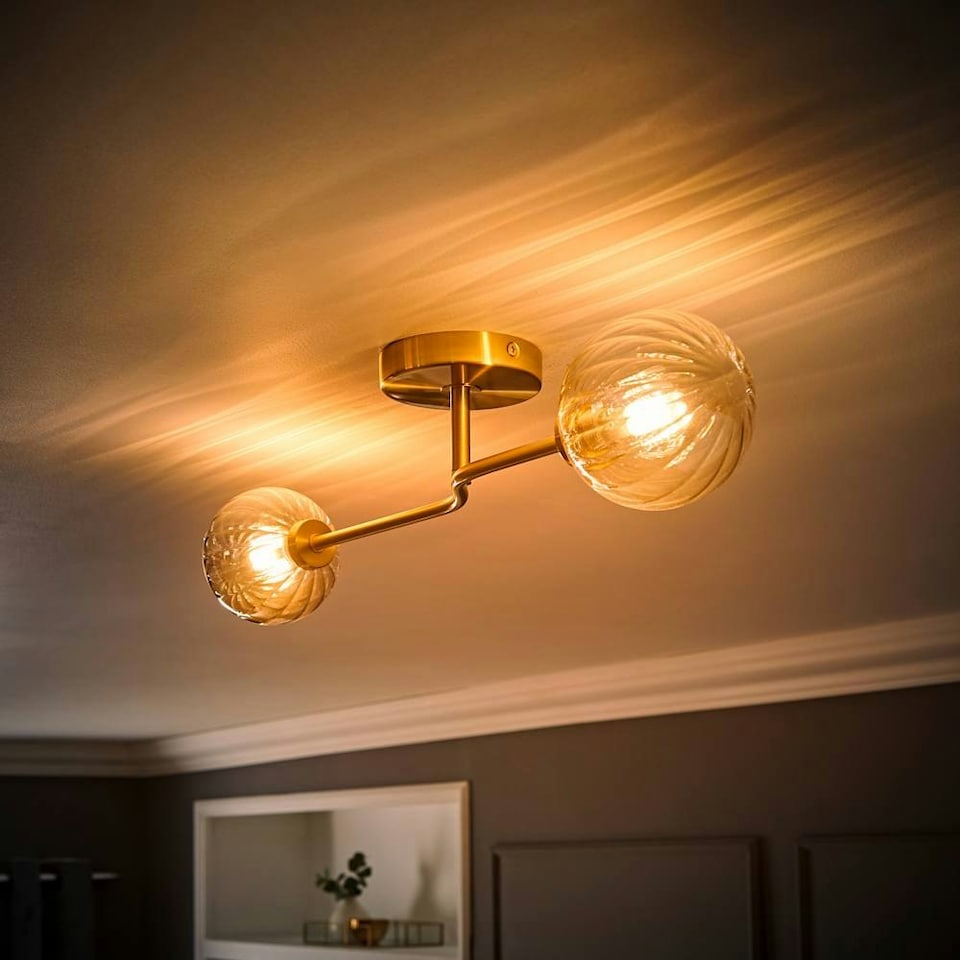 image 1 of ValueLights Chessy Asymmetric Ribbed Glass Globe Gold Bar Ceiling Light with LED Bulbs