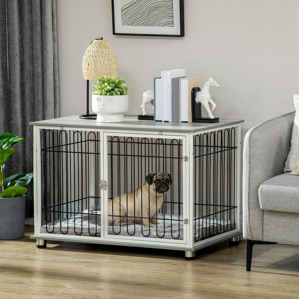image 1 of PawHut Dog Crate Furniture End Table w/ Soft Washable Cushion, Lockable Door