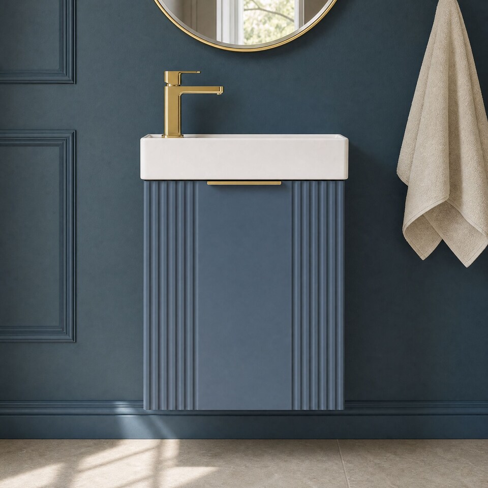 image 1 of Balterley Wall Hung Cloakroom Vanity Basin Unit with Handle Compact Bathroom Storage | Blue | Satin Blue | 438 x 400 x 222mm | 1