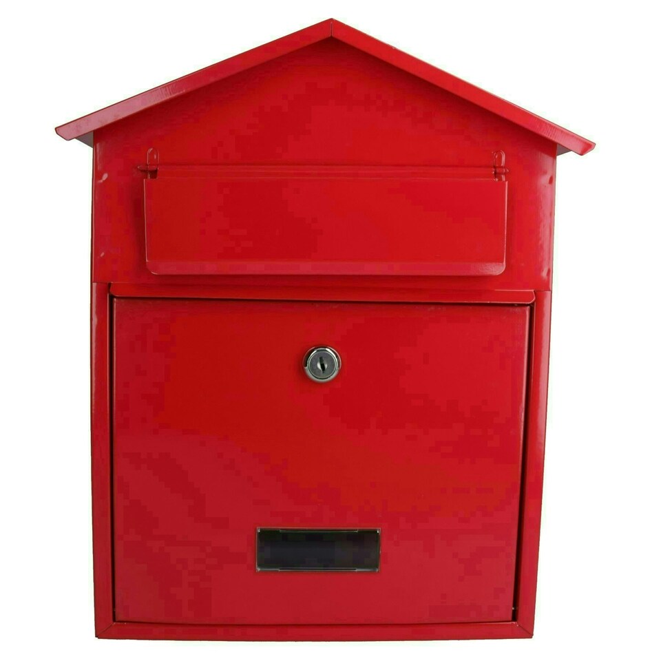 image 1 of Letter Post Mail Box Metal Red Wall Door Gate Fence Garden House Lockable Red