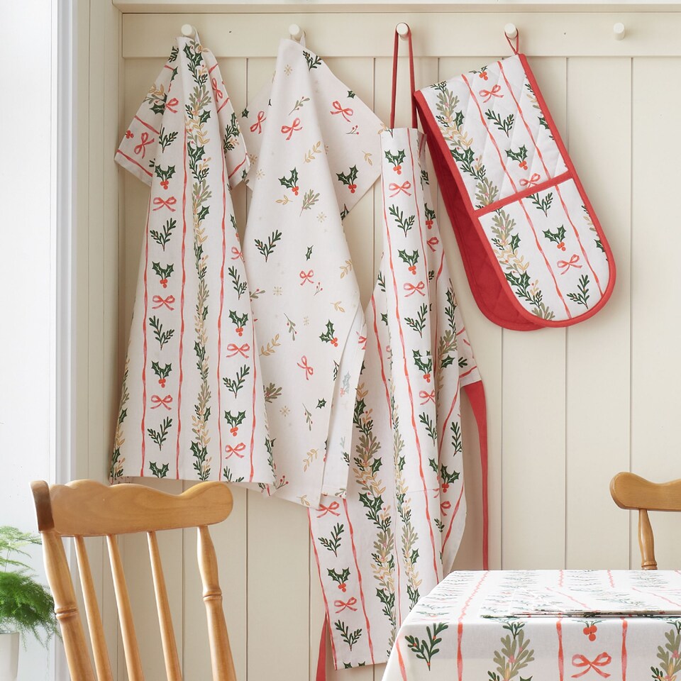 image 1 of Catherine Lansfield Christmas Holly Stripe Cotton Kitchen Tea Towel Pack of 4