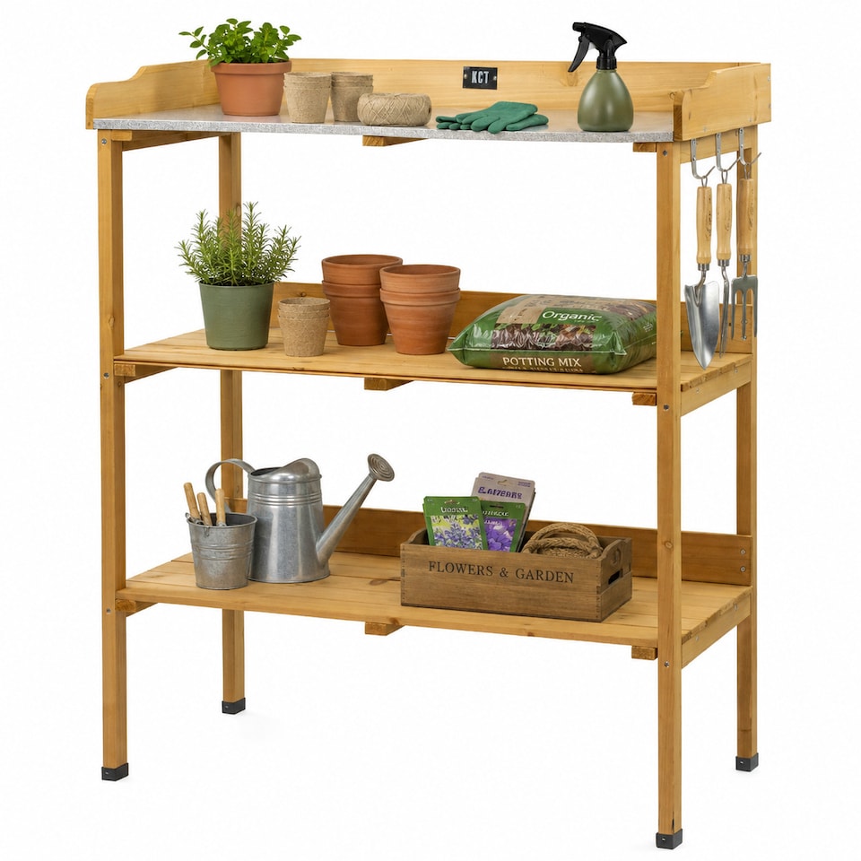 image 1 of KCT 3 Tier Potting Table Bench Outdoor Garden Wooden Station for Greenhouse Shed Workbench Gardening Planting Plant Station Stand | Brown