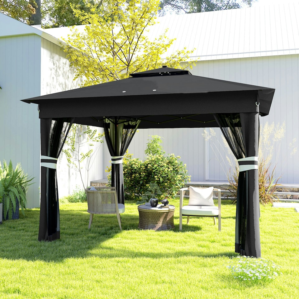 image 1 of Outsunny 3x3(m) Pop Up Gazebo w/ Solar-Powered LED Lights Netting Black