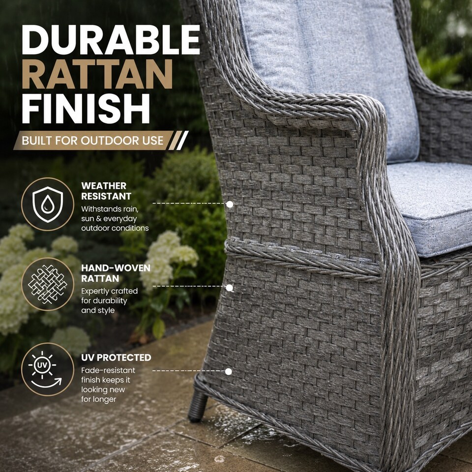 image 1 of 1pc Rattan Garden Dining Chair Grey Outdoor Patio Chairs with Cushion, Weatherproof Wicker Furniture