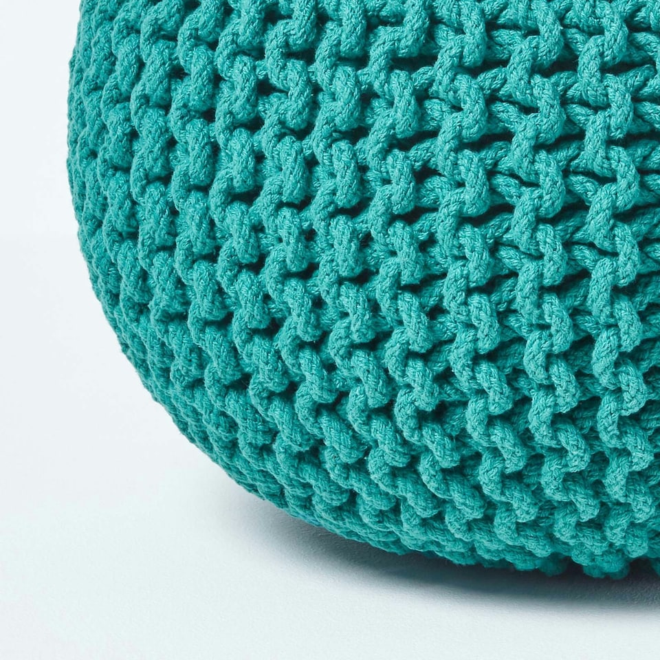 image 1 of Homescapes Teal Green Round Cotton Knitted Pouffe Footstool - 35 x 40 cm