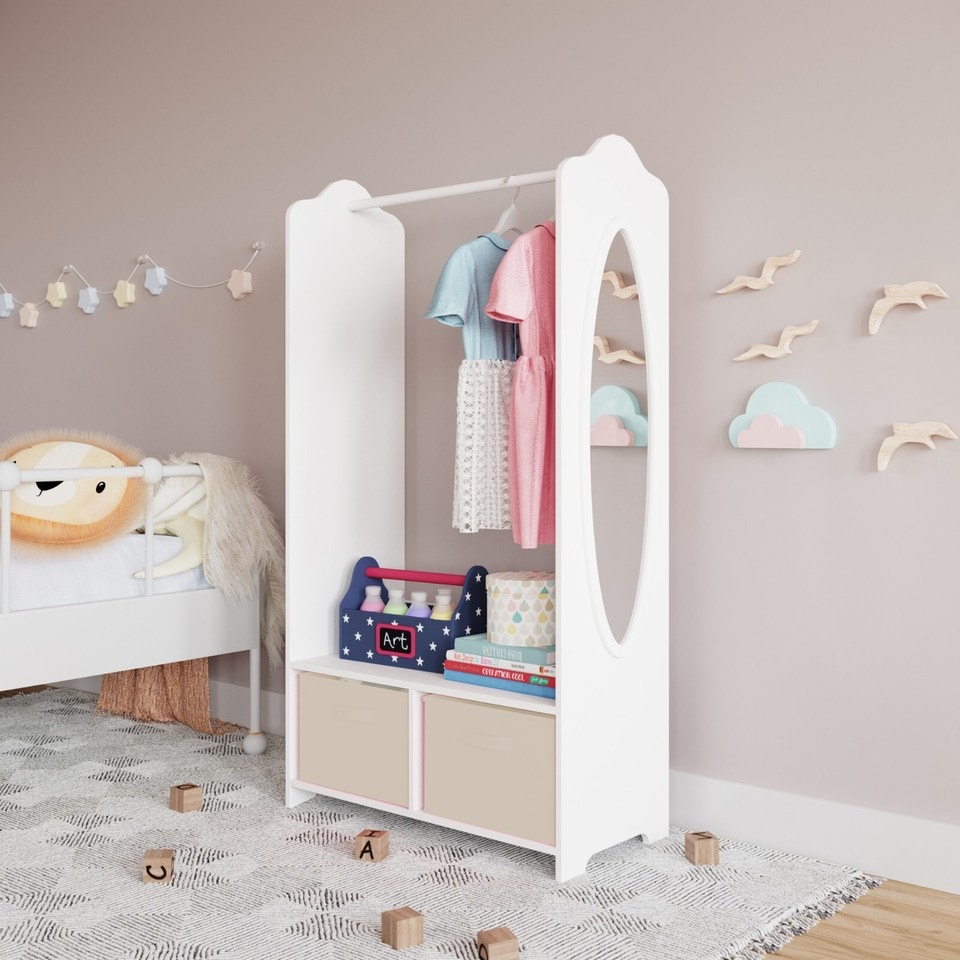image 1 of Kids MDF Wooden Hanging Clothes Rail Wardrobe Storage Shelves with Inserts Mirror | White | Beige