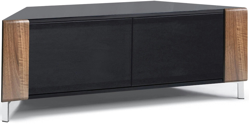 image 1 of MDA Designs CORVUS Corner-Friendly Gloss Black Contemporary Cabinet with Walnut Profiles Black BeamThru Glass Doors Suitable for Flat Screen TVs up to 50" | Multi | 1