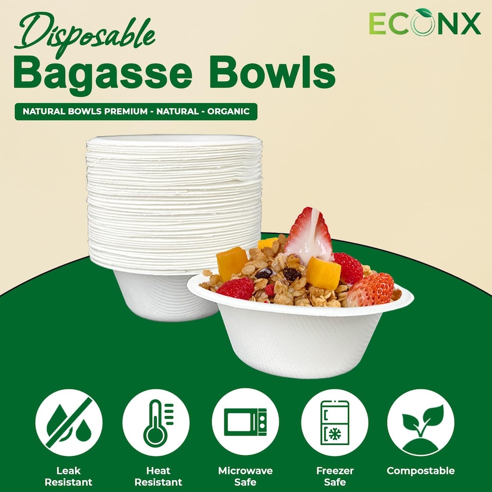 image 1 of ECONX 100Pcs Biodegradable Bagasse Bowls 6oz White Sugarcane Disposable Bowl