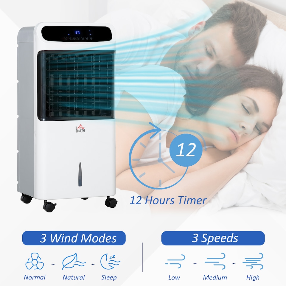 image 1 of HOMCOM Mobile Air Cooler, 12L Tank Evaporative Ice Cooling Fan Water Conditioner Humidifier Unit with 3 Modes, 3 Speed, Remote, Timer, Oscillating for Home Bedroom