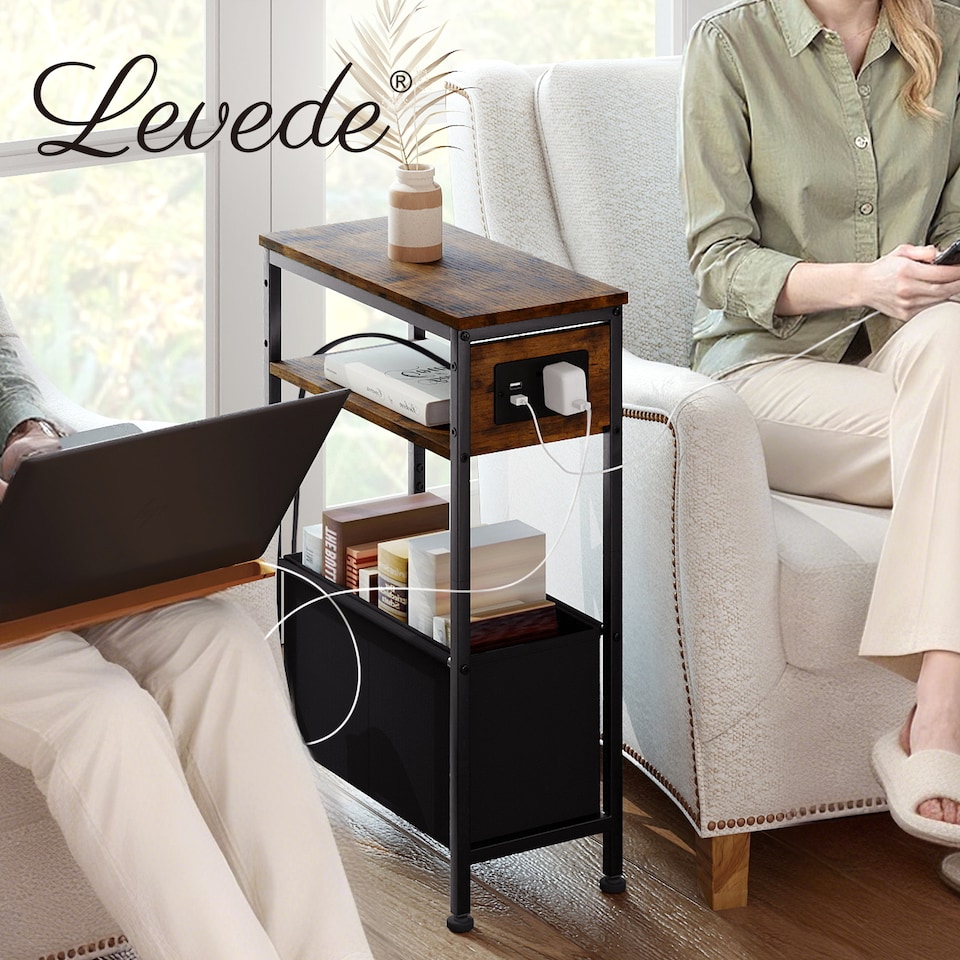 image 1 of Slim Side Table with Charging Station Storage Narrow End Table Sofa Living Room