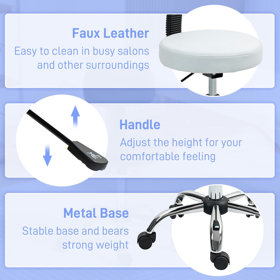 image 1 of HOMCOM Rolling Stool with Backrest, Wheels, Faux Leather Salon Chair, White White