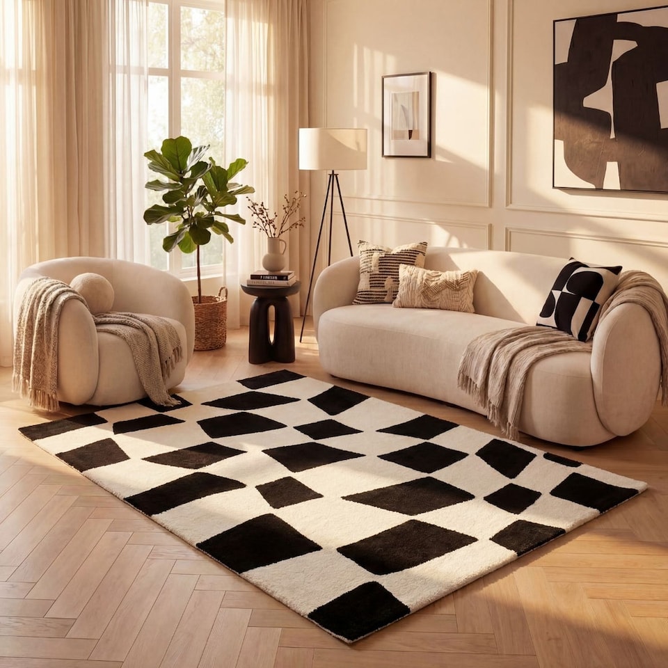 image 1 of The Rugs Joli Collection Chequered Soft and Dense Pile Living Room and Bedroom Floor Rug
