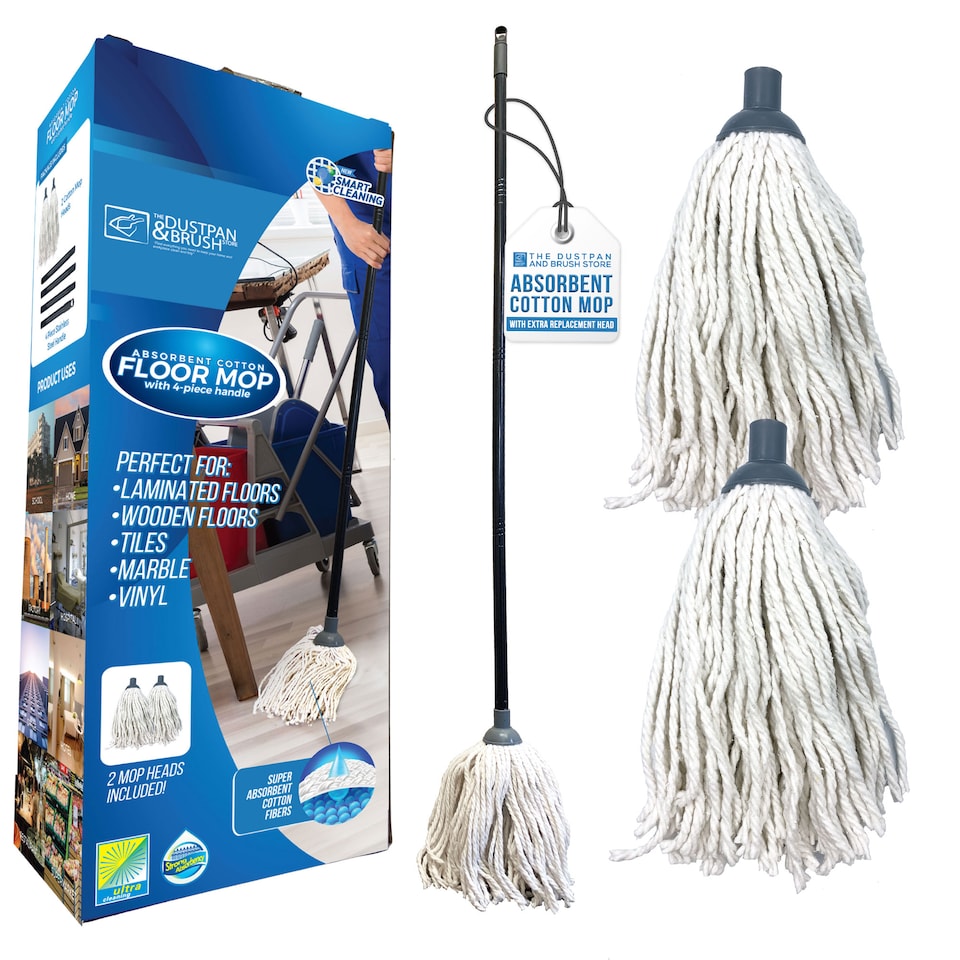 image 1 of Highly Absorbent Cotton Floor Mop Set Traditional String Mop with Extra Replacement Head