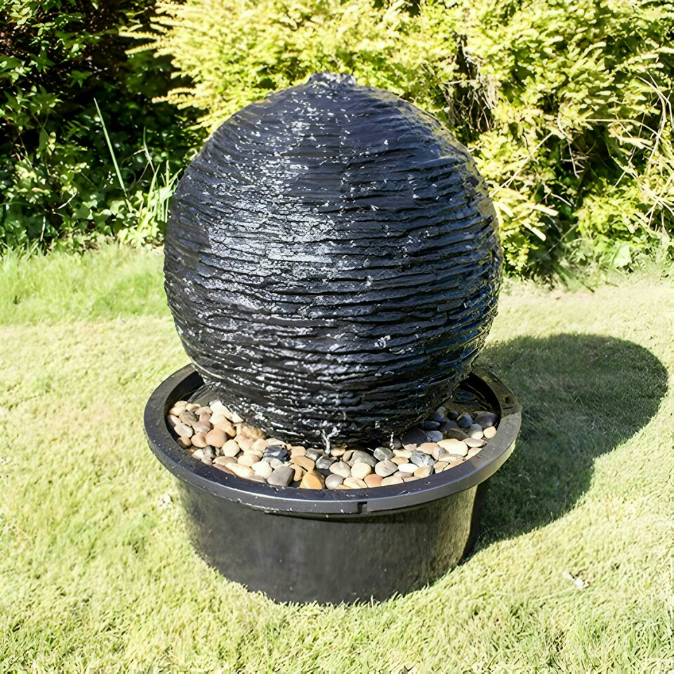 image 1 of Primrose Torver Slate Effect Sphere Outdoor Water Feature with Lights 56cm