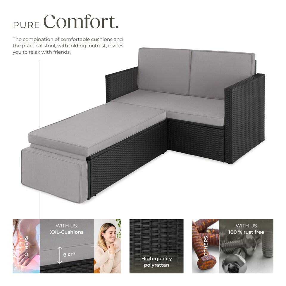 image 1 of Garden Sofa Corfu - 2 seater sofa, stool sun lounger, thick cushions | Black | black/grey | 119 x 64,50 x 71,50 cm | 1