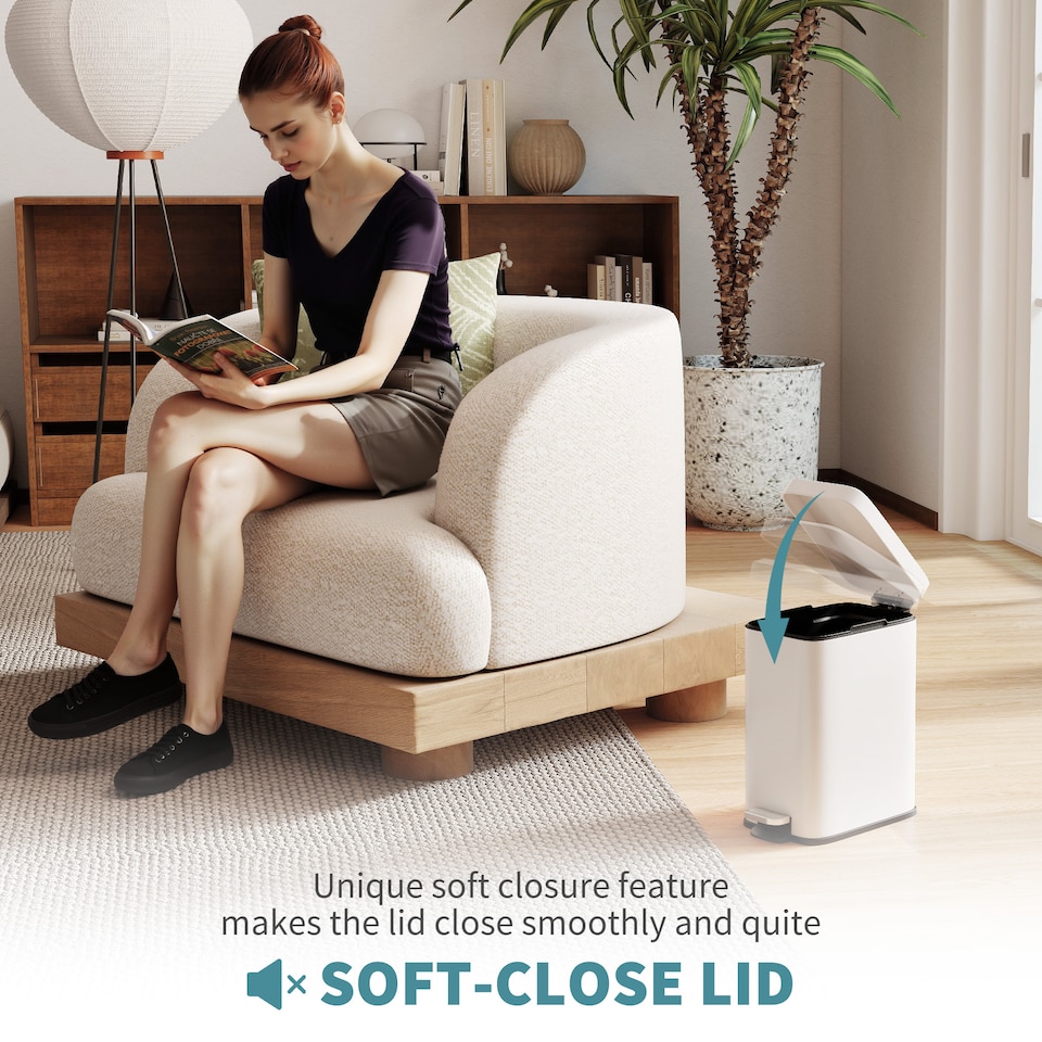 image 1 of HOMCOM 5L Rectangular Compact Bin Steel Body Removable Bucket Quiet-Close Lid w Pedal Lid Rubbish Trash Can Home Office Bedroom Bathroom Living Room Garbage Tidy Clean White | White | 1