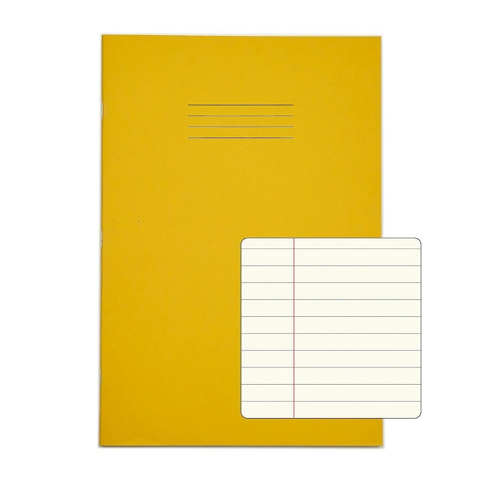 image 1 of Pack of 10 Rhino A4 48 Page Yellow with Cream Tinted Paper 8mm Lined with Margin Exercise Books