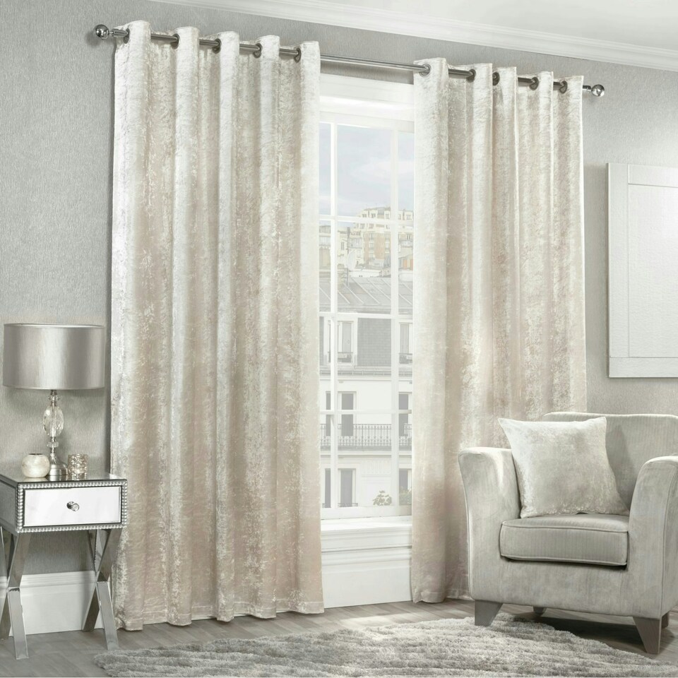 image 1 of Crushed Velvet Eyelet Curtains - Cream - 229 cm x 182 cm