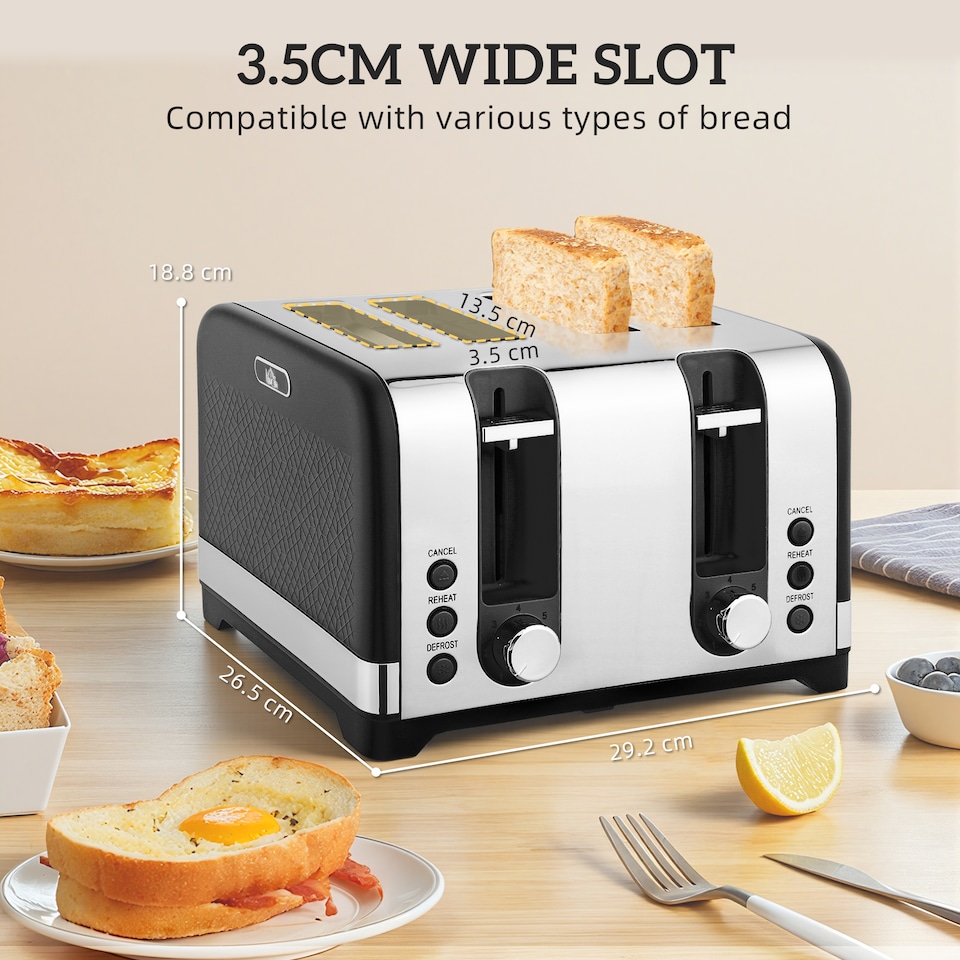 image 1 of HOMCOM Kettle and Toaster Set, 1.7L 3000W Rapid Boil Jug Kettle with Otter Thermostat, Limescale Filter, 4 Slice Toaster with 7 Browning Controls, Crumb Tray, Black | Black
