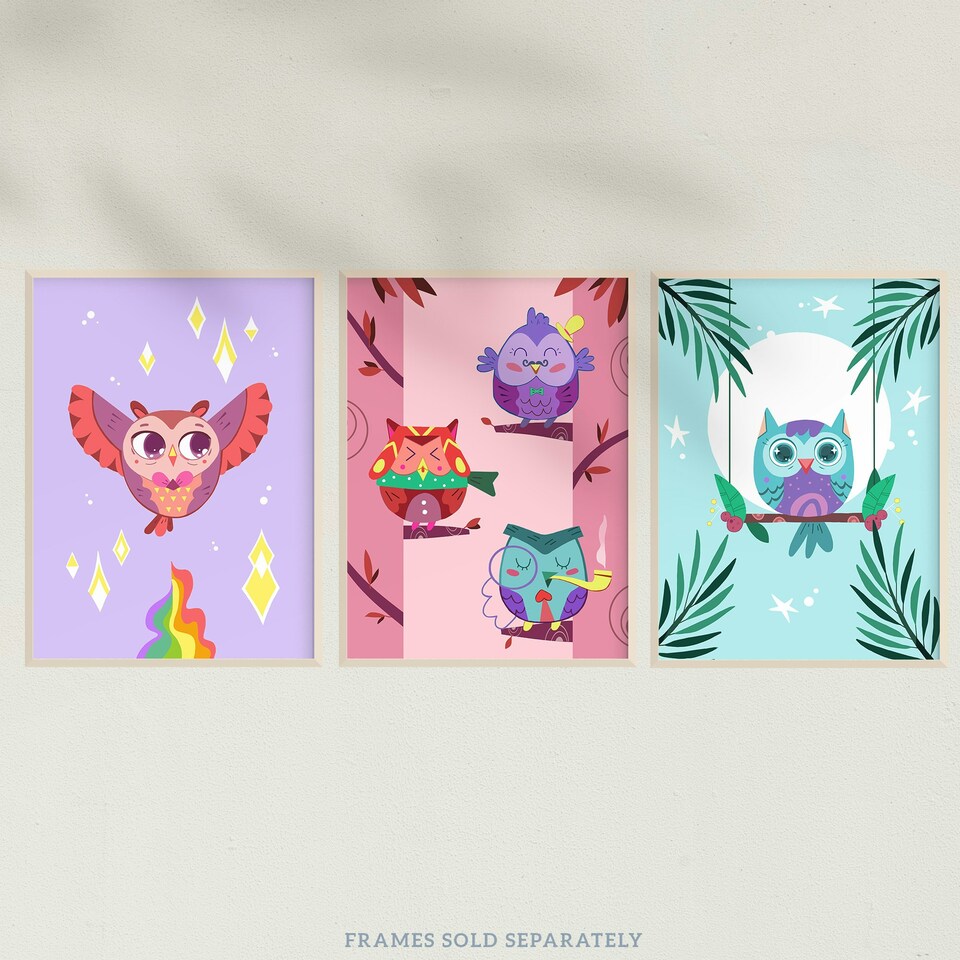 image 1 of Set of 3 Kids Bedroom Nursery Colourful Owl Bird Autumn Moonlight Rainbow Wall Art Prints 12x16 Inch