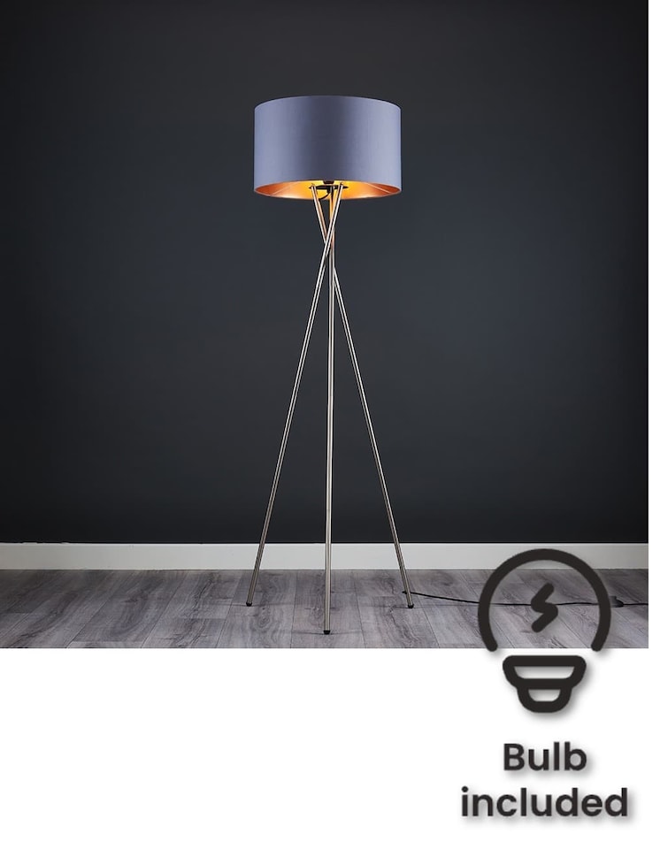 image 1 of ValueLights Camden Brushed Chrome Tripod Floor Lamp Grey Copper Shade and Bulb