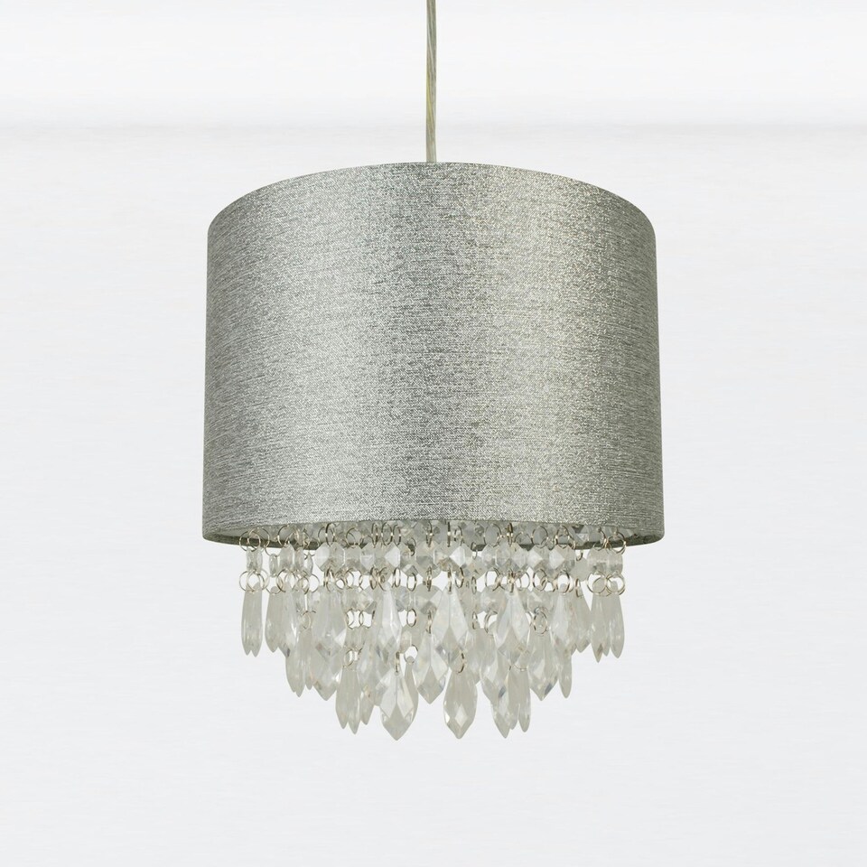 image 1 of First Choice Lighting Set of 2 Sparkle Grey Faux Silk Jewelled Easy Fit Light Shades Grey | Clear