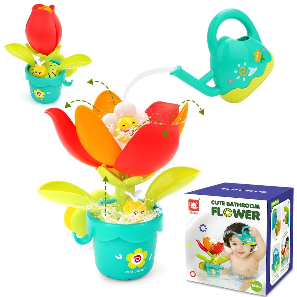 image 1 of Sunflower Bath Sprinkler Toy - Pop-Up Blooming Flower Water Toy with Strong Suction Cup & Watering Can, Battery-Free Sensory Bath Play for Toddlers & Babies