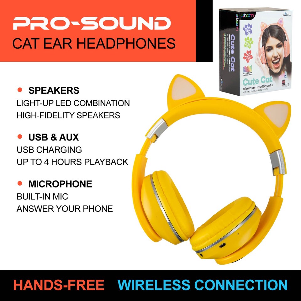 image 1 of VFM e-Store Cat Wireless Headphones Pastel Cat Ears - Foldable, Padded, Rechargeable 400 mAh