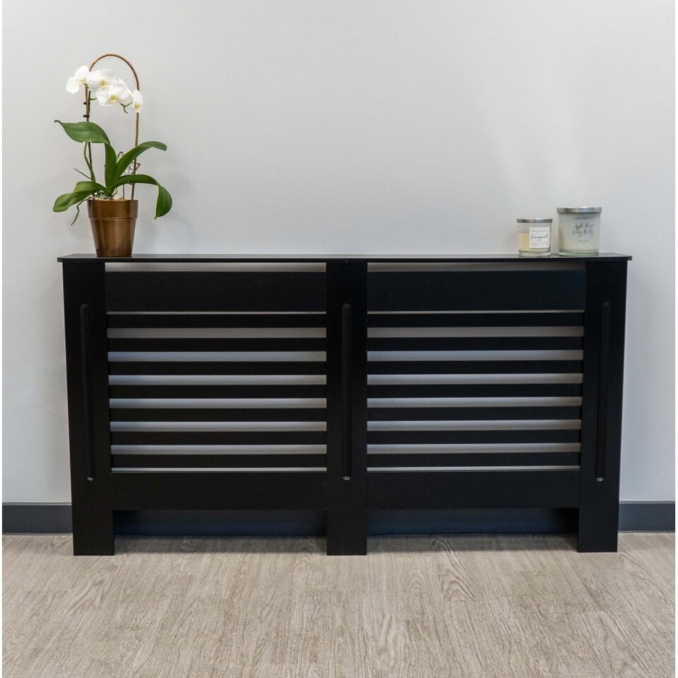 image 1 of JSH Radiator Cover Black Horizontal Slat Wood MDF - Large - 152cm (W) x 81.5cm (H) x 19cm (D) | Black