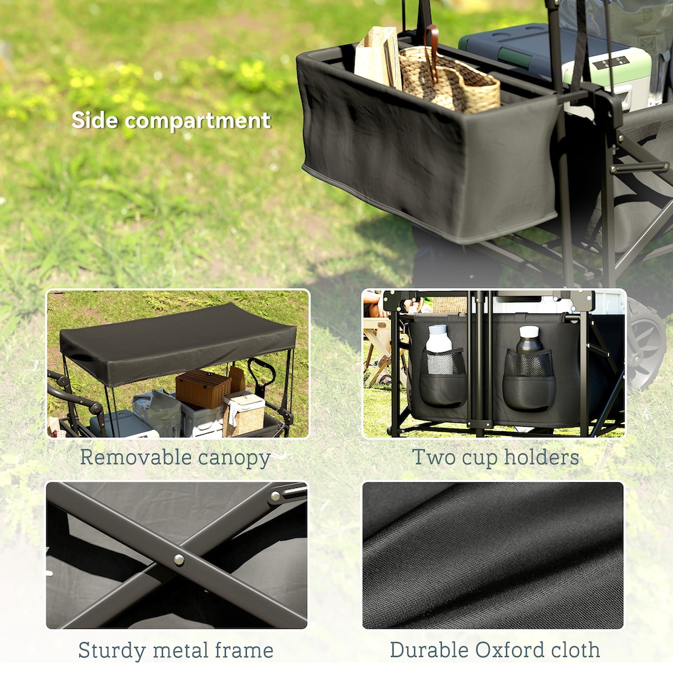 image 1 of Outsunny Outdoor Push Pull Wagon Stroller Cart w Canopy Top Black