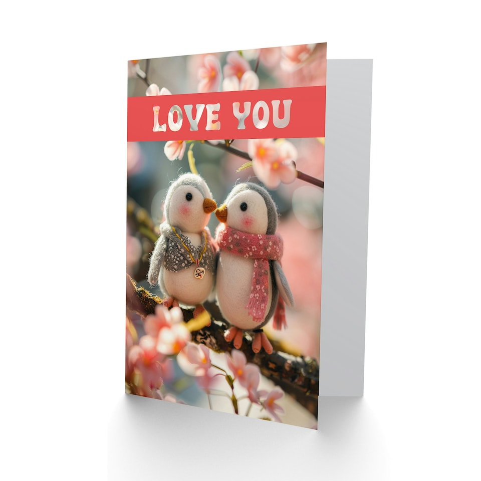 image 1 of Felt Penguins On Tree Branch Cute Love Anniversary Valentines Day Card