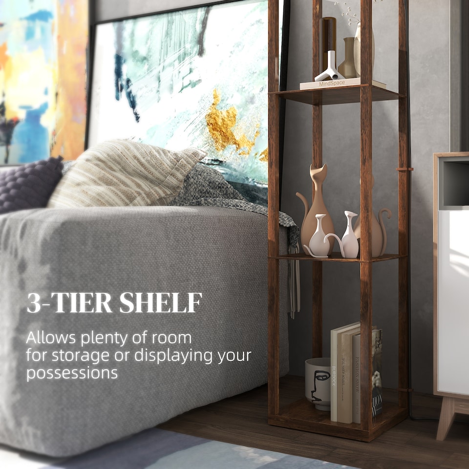 image 1 of HOMCOM Modern Floor Lamp Light with 3 Shelves Fabric Lampshade, Rustic Brown | Brown | Rustic Brown