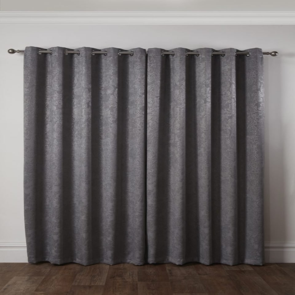 image 1 of Royal Damask Elegant Woven Blackout Eyelet Curtains 116cm x 137cm Silver Grey | Grey