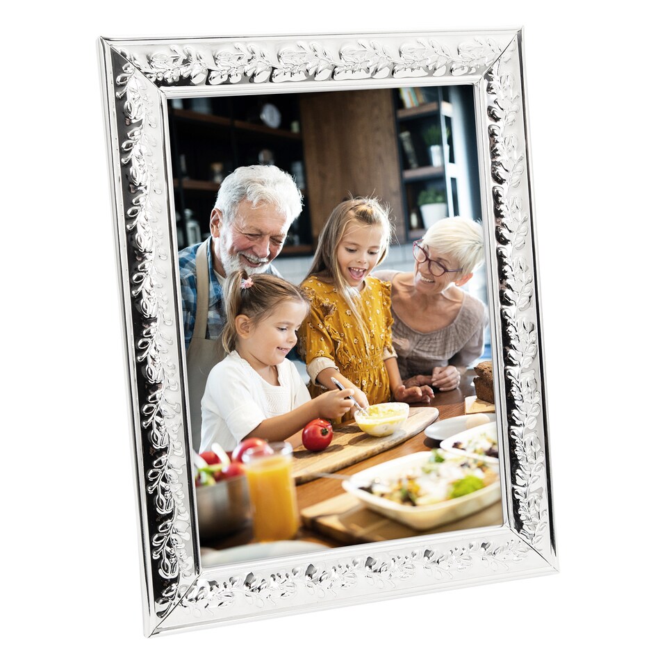 image 1 of Classic Rectangular Silver Plated Metal 5 x 7 Picture Frame with Floral Border | Silver | 5" x 7"