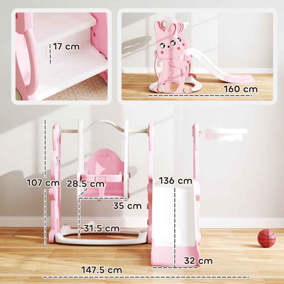 image 1 of AIYAPLAY 4 in 1 Kids Slide and Swing Set with Climber, Basketball Hoop, Pink