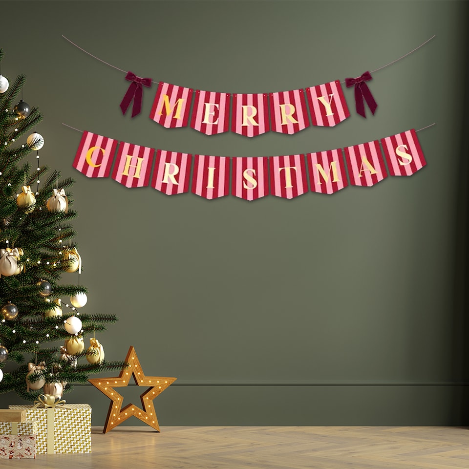 image 1 of Merry Christmas Pink & Red Stripes Banner with Burgundy Velvet Bows 2m